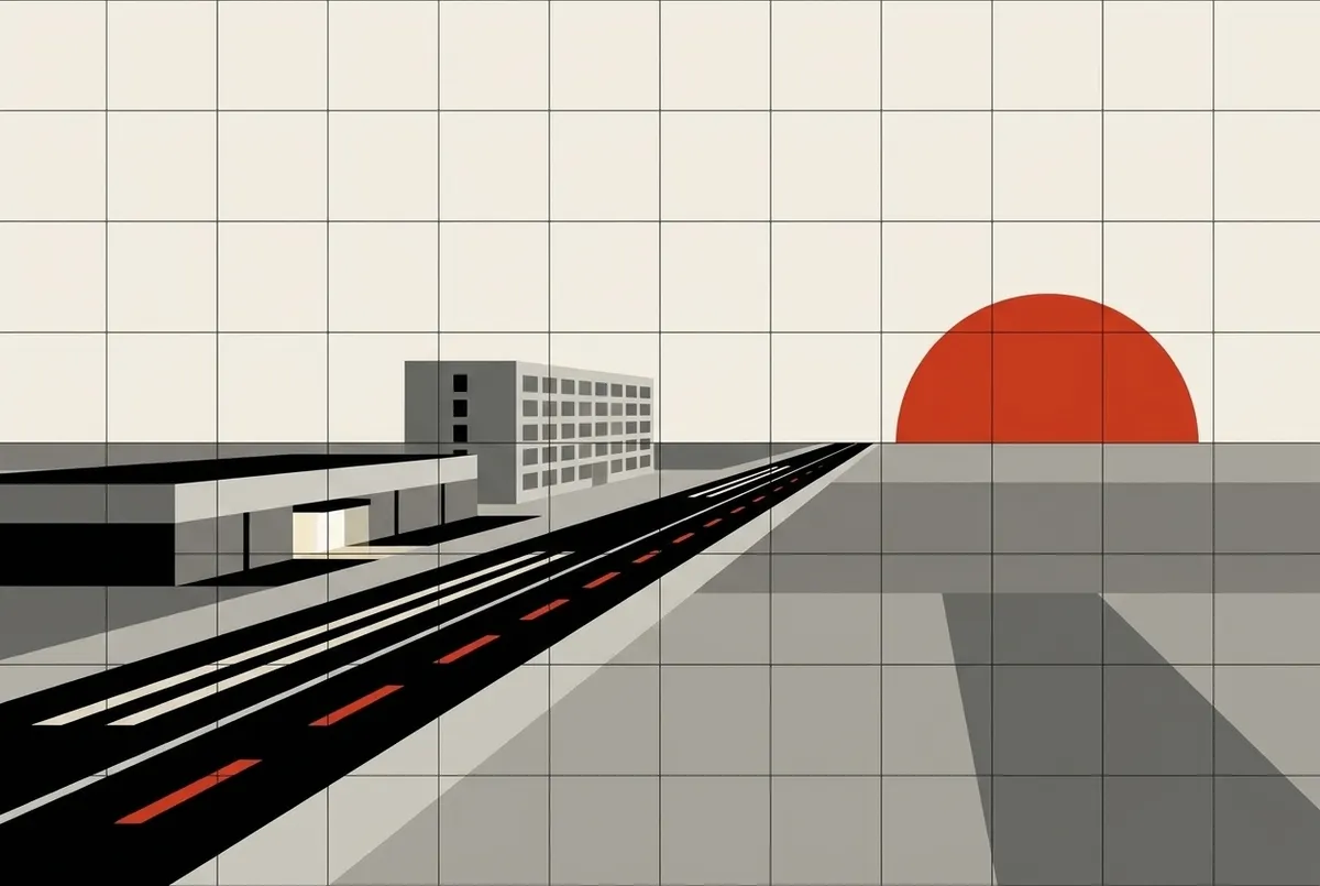 Illustration style affiche d’un casino bas et d’un hôtel au bord d’une autoroute, dans une plaine agricole au coucher du soleil