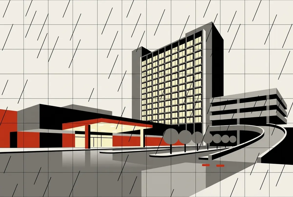 Illustration de style affiche d’un casino et d’un hôtel par une nuit pluvieuse, avec une rampe de stationnement étagé menant à l’entrée principale