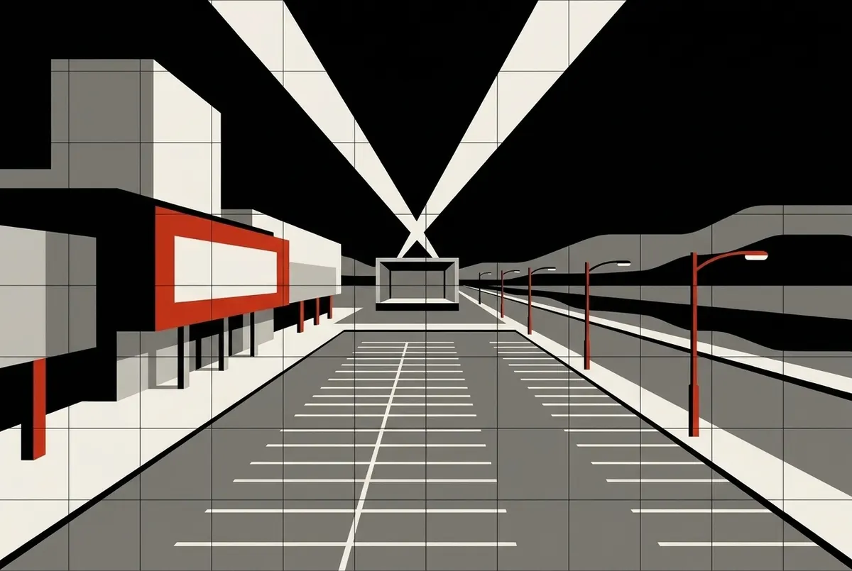 Illustration de style affiche d’un casino avec une tour de théâtre et une marquise rouge vierge sur un large boulevard, la nuit