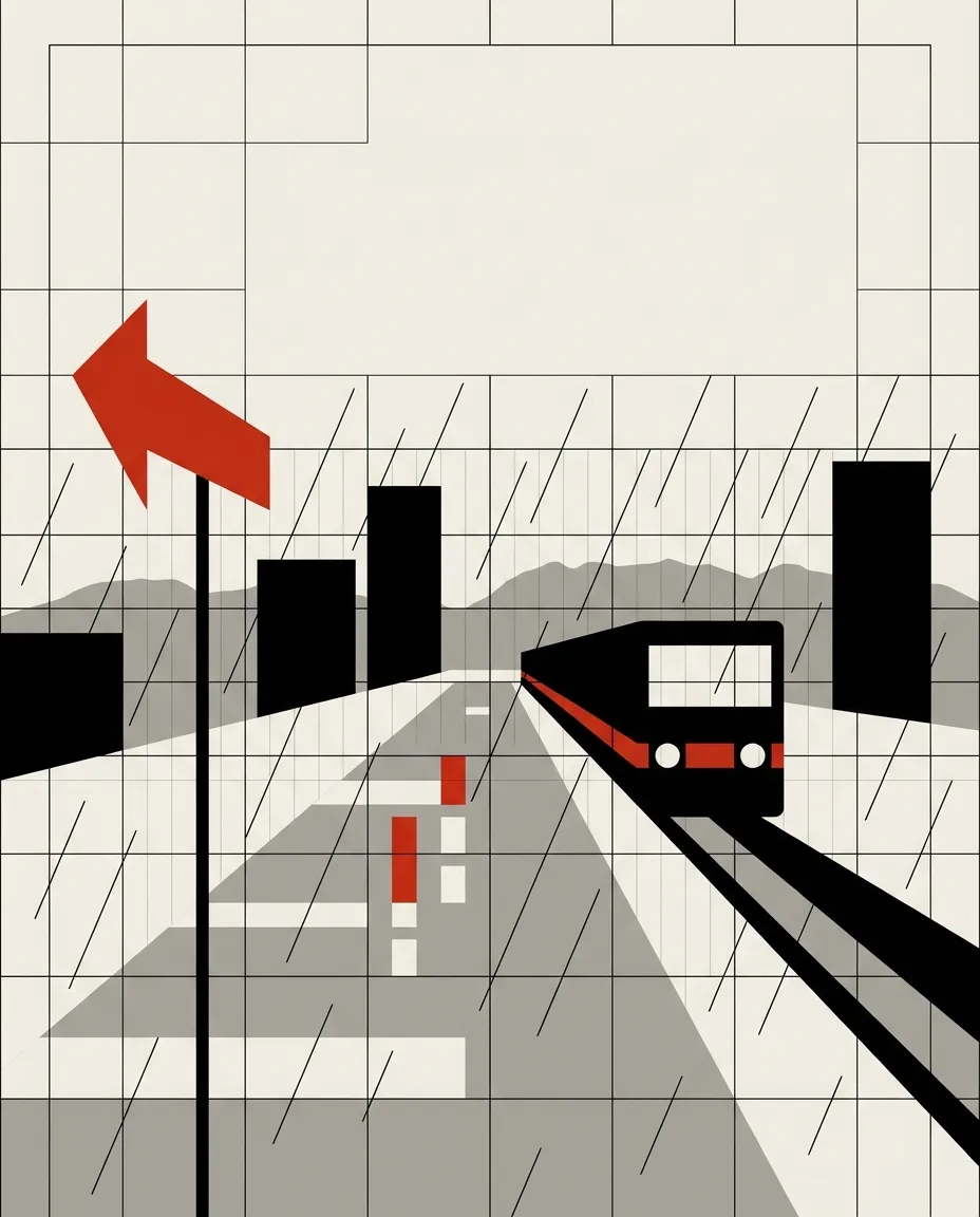 Illustration de style affiche d’un SkyTrain arrivant à un quai sous la pluie, avec un panneau à flèche rouge pointant vers la gauche