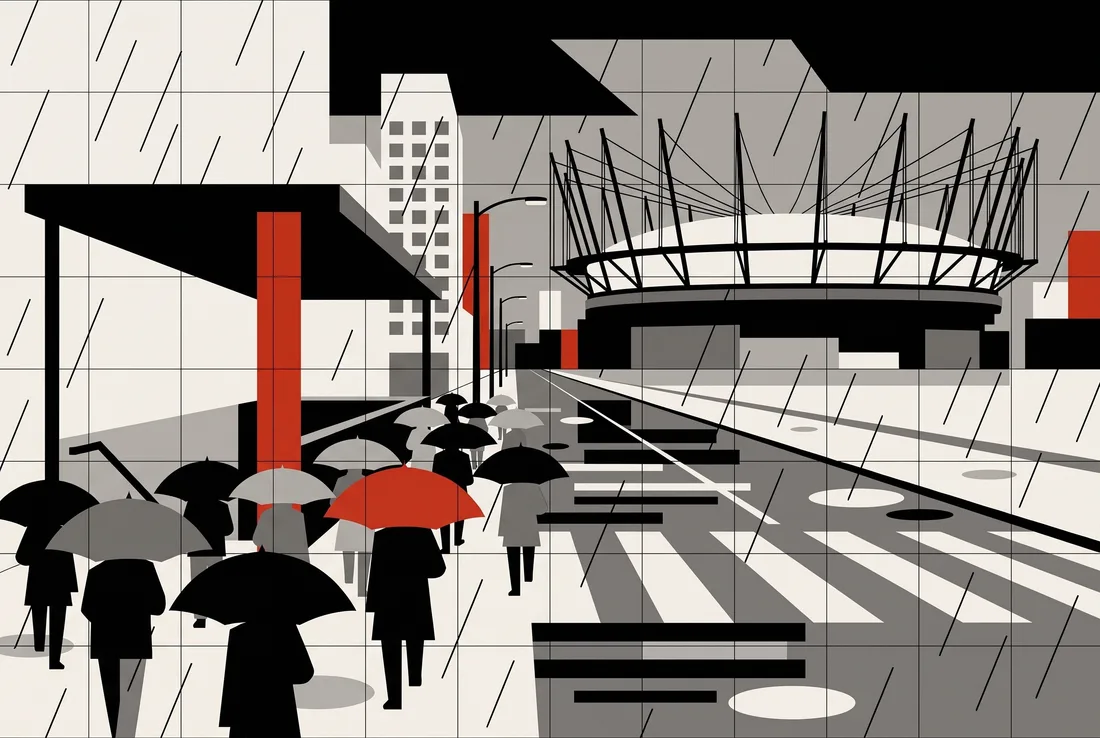 Poster-style illustration of a crowd with umbrellas walking past a stadium roof on masts in the rain
