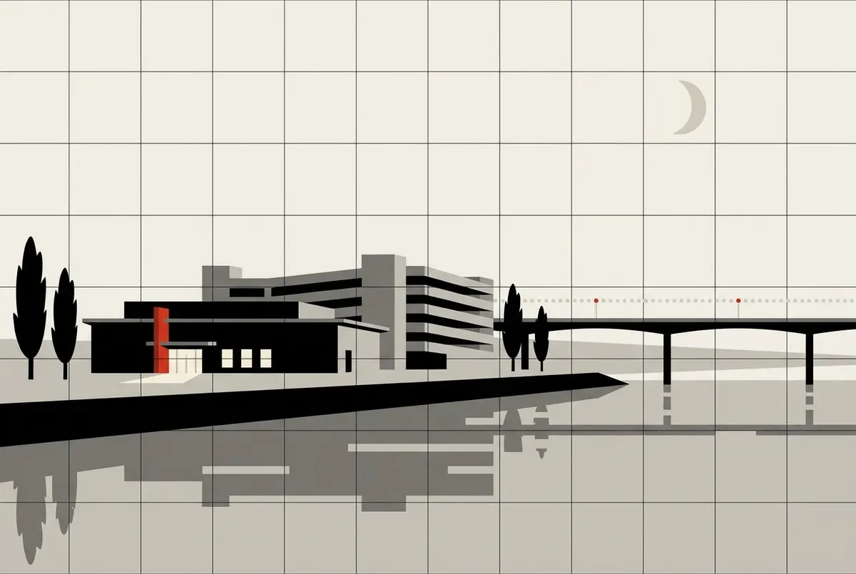 Illustration de style affiche d’un casino et d’un stationnement étagé au bord d’une rivière, la nuit, avec un long pont routier derrière