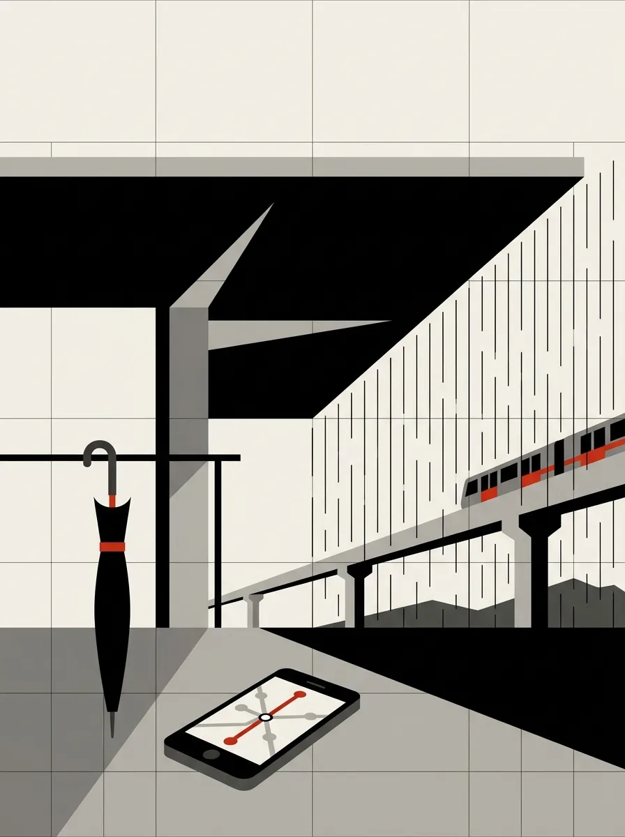 Poster-style illustration of a folded umbrella and a phone showing a route map under a station canopy, with a SkyTrain passing